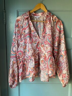 VENUS Pink Paisley Peplum Blouse with Multicolor Accents